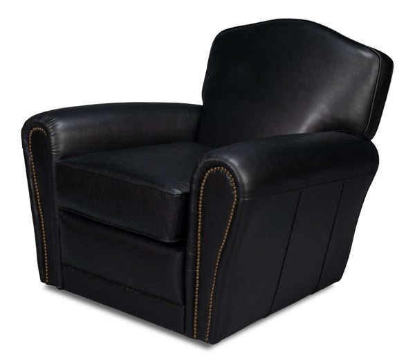 Sarreid Elite French Club Swivel Chair In Onyx Black Leather - Stylish Comfort With Durable Metal Base Black  54103