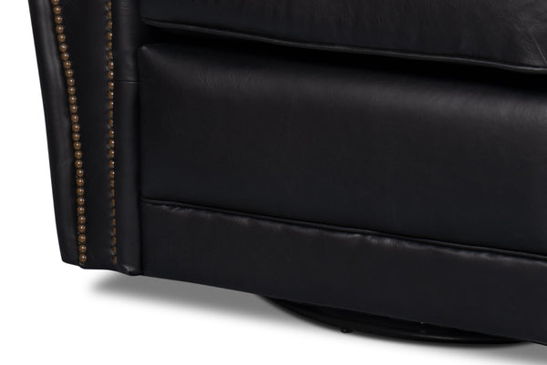 Sarreid Elite French Club Swivel Chair In Onyx Black Leather - Stylish Comfort With Durable Metal Base Black  54103