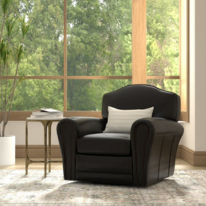 Sarreid Elite French Club Swivel Chair In Onyx Black Leather - Stylish Comfort With Durable Metal Base Black  54103