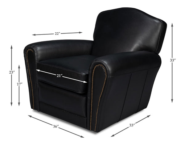 Sarreid Elite French Club Swivel Chair In Onyx Black Leather - Stylish Comfort With Durable Metal Base Black  54103