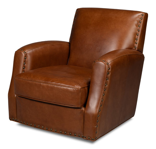 Sarreid Taft Leather Swivel Chair In Luxurious Havana Brown - Elegant Design With Nailhead Trim & Wood Accents Brown  54104