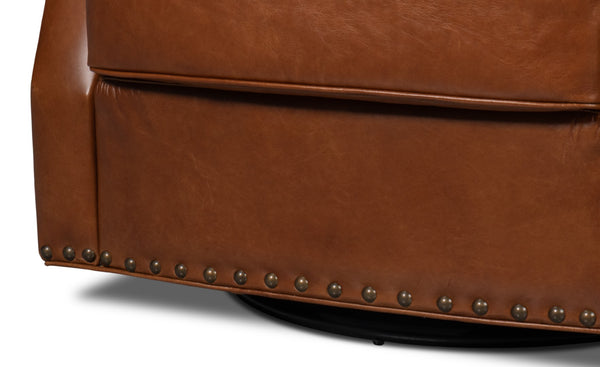 Sarreid Taft Leather Swivel Chair In Luxurious Havana Brown - Elegant Design With Nailhead Trim & Wood Accents Brown  54104