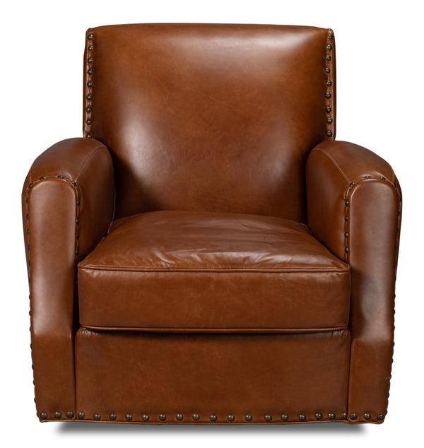 Sarreid Taft Leather Swivel Chair In Luxurious Havana Brown - Elegant Design With Nailhead Trim & Wood Accents Brown  54104