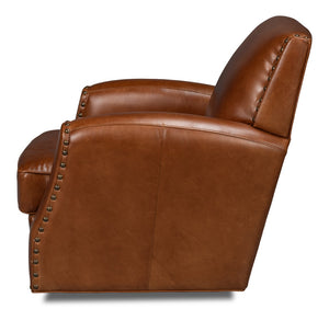 Sarreid Taft Leather Swivel Chair In Luxurious Havana Brown - Elegant Design With Nailhead Trim & Wood Accents Brown  54104