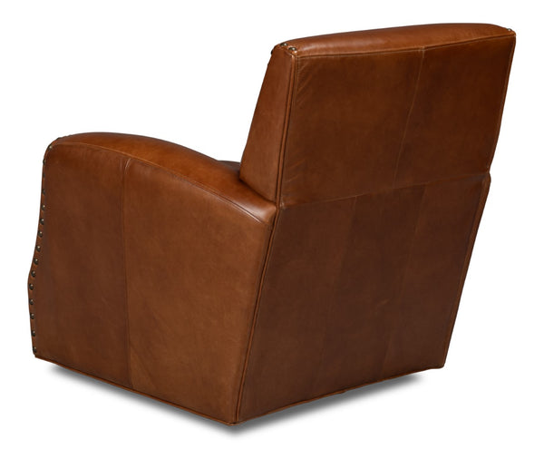 Sarreid Taft Leather Swivel Chair In Luxurious Havana Brown - Elegant Design With Nailhead Trim & Wood Accents Brown  54104