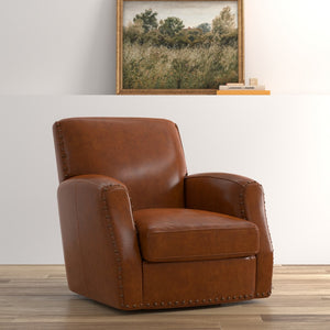 Sarreid Taft Leather Swivel Chair In Luxurious Havana Brown - Elegant Design With Nailhead Trim & Wood Accents Brown  54104