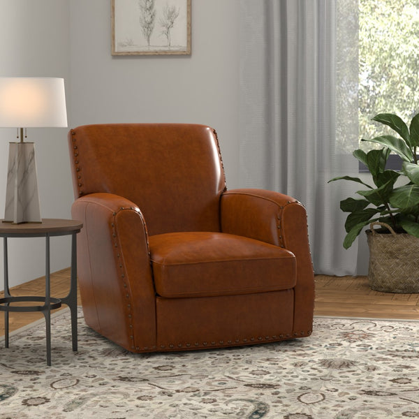 Sarreid Taft Leather Swivel Chair In Luxurious Havana Brown - Elegant Design With Nailhead Trim & Wood Accents Brown  54104