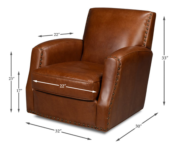 Sarreid Taft Leather Swivel Chair In Luxurious Havana Brown - Elegant Design With Nailhead Trim & Wood Accents Brown  54104