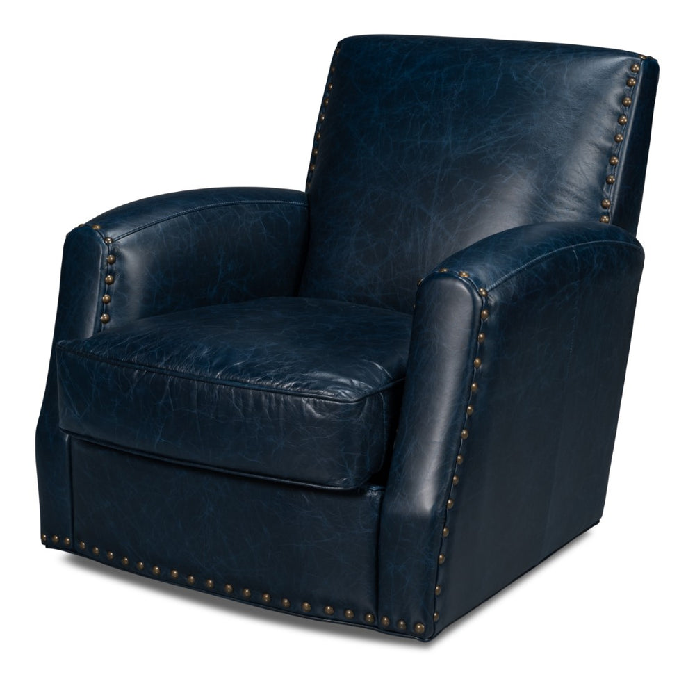 Sarreid Taft Leather Swivel Chair In Elegant Chateau Blue - Stylish Design With Nailhead Accents And Wood Base Blue  54105