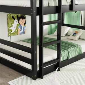 English Elm Triple Rubber Wood Bunk Bed with Built-In Ladders and Guardrails Maximizes Space for Families, Durable Design Black W504S00177