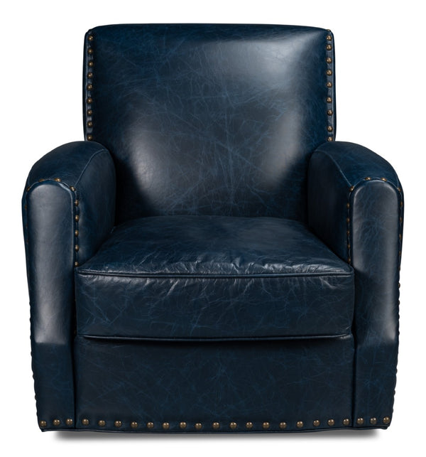 Sarreid Taft Leather Swivel Chair In Elegant Chateau Blue - Stylish Design With Nailhead Accents And Wood Base Blue  54105