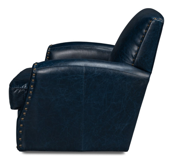 Sarreid Taft Leather Swivel Chair In Elegant Chateau Blue - Stylish Design With Nailhead Accents And Wood Base Blue  54105