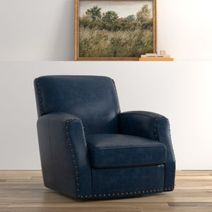 Sarreid Taft Leather Swivel Chair In Elegant Chateau Blue - Stylish Design With Nailhead Accents And Wood Base Blue  54105