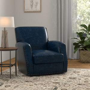 Sarreid Taft Leather Swivel Chair In Elegant Chateau Blue - Stylish Design With Nailhead Accents And Wood Base Blue  54105