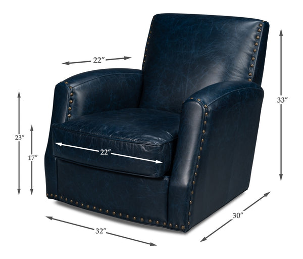 Sarreid Taft Leather Swivel Chair In Elegant Chateau Blue - Stylish Design With Nailhead Accents And Wood Base Blue  54105