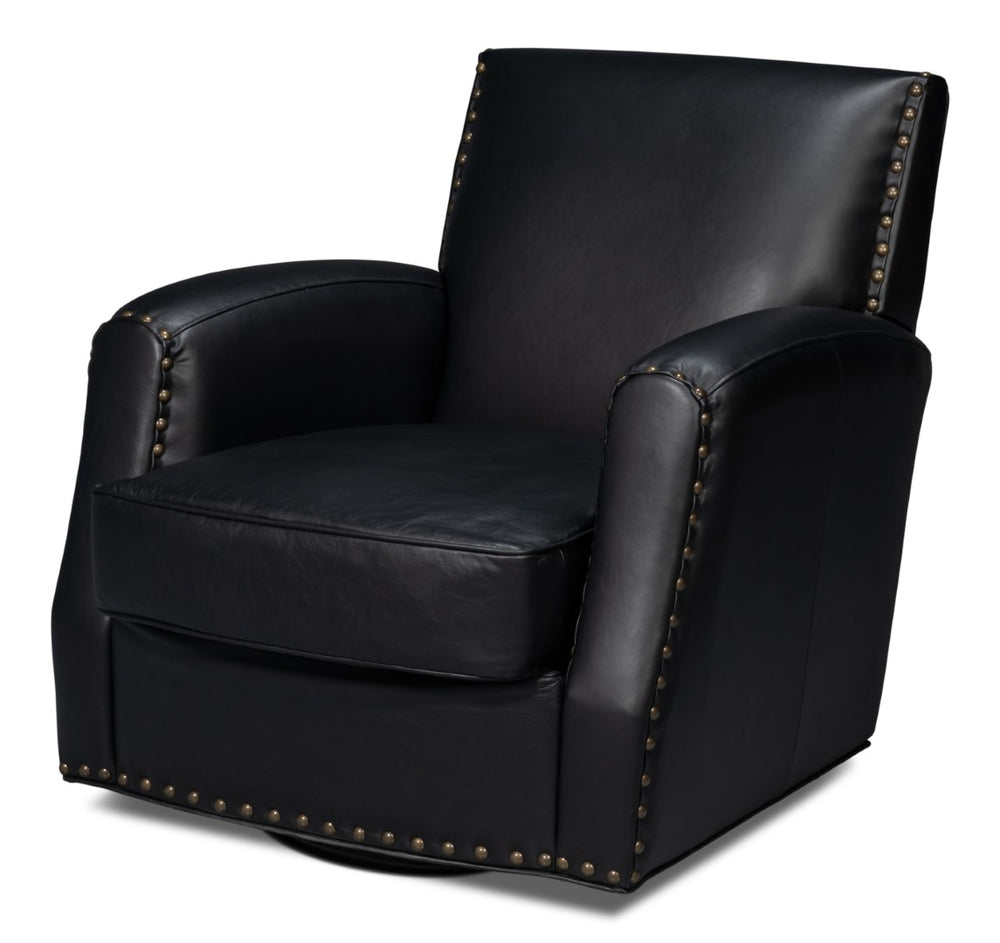Sarreid Taft Leather Swivel Chair In Onyx Black - Elegant Design With Wood Accents And Stylish Nailhead Trim Black  54106