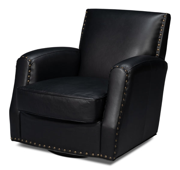 Sarreid Taft Leather Swivel Chair In Onyx Black - Elegant Design With Wood Accents And Stylish Nailhead Trim Black  54106