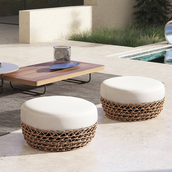English Elm Jennifer Taylor Home - Willow 25" Round Outdoor Ottoman with Axroma Olefin Upholstery, Woven Golden Brown Frame, Durable ComfortWillow 25" Round Outdoor Ottoman with Axroma Olefin Upholstery, Woven Golden Brown Frame for Durable Comfort B2719P305701