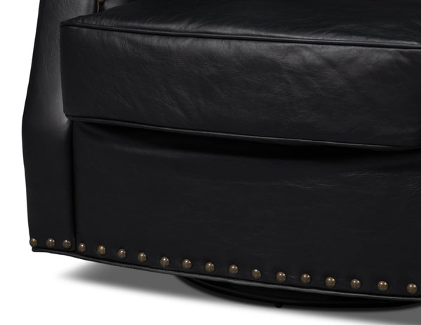 Sarreid Taft Leather Swivel Chair In Onyx Black - Elegant Design With Wood Accents And Stylish Nailhead Trim Black  54106