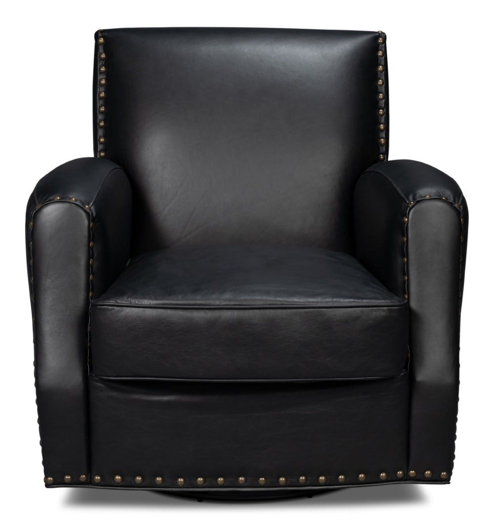 Sarreid Taft Leather Swivel Chair In Onyx Black - Elegant Design With Wood Accents And Stylish Nailhead Trim Black  54106