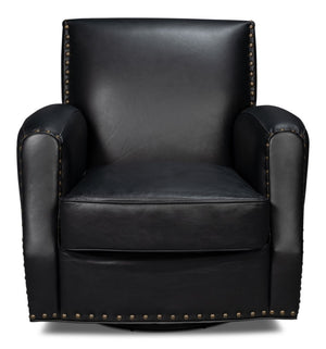 Sarreid Taft Leather Swivel Chair In Onyx Black - Elegant Design With Wood Accents And Stylish Nailhead Trim Black  54106