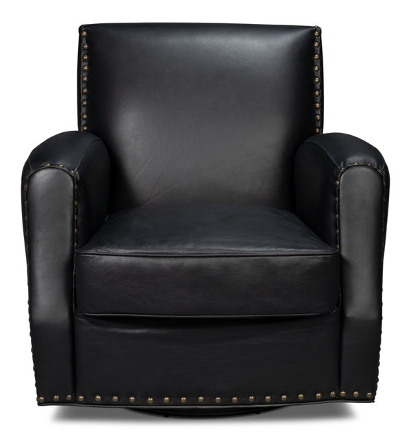 Sarreid Taft Leather Swivel Chair In Onyx Black - Elegant Design With Wood Accents And Stylish Nailhead Trim Black  54106