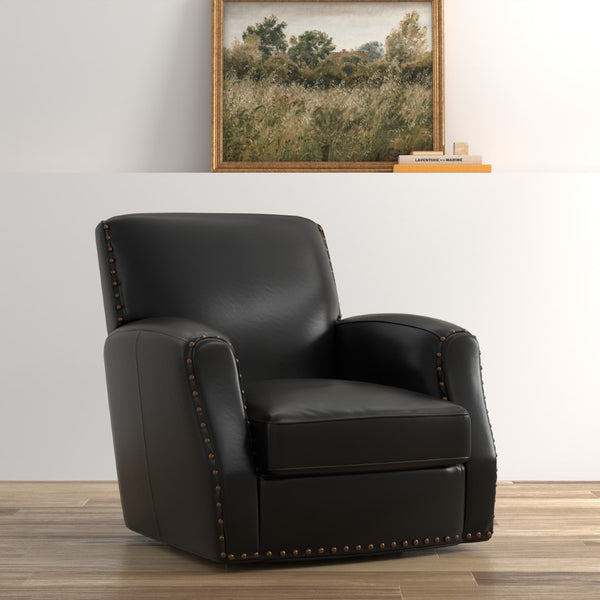 Sarreid Taft Leather Swivel Chair In Onyx Black - Elegant Design With Wood Accents And Stylish Nailhead Trim Black  54106