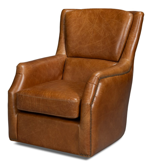 Sarreid Baker Leather Swivel Chair In Cuba Brown – Stylish Comfort With Nailhead Accents And Wood Base Brown  54107
