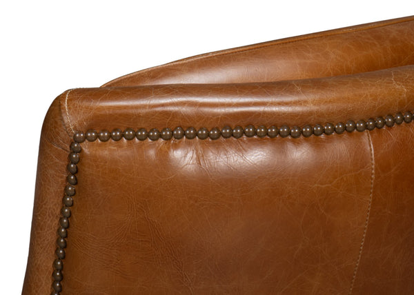 Sarreid Baker Leather Swivel Chair In Cuba Brown – Stylish Comfort With Nailhead Accents And Wood Base Brown  54107