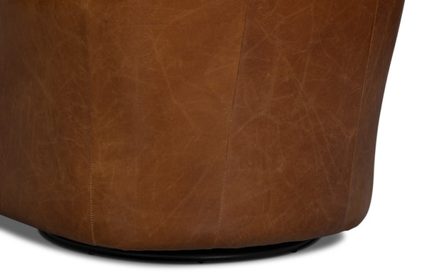 Sarreid Baker Leather Swivel Chair In Cuba Brown – Stylish Comfort With Nailhead Accents And Wood Base Brown  54107