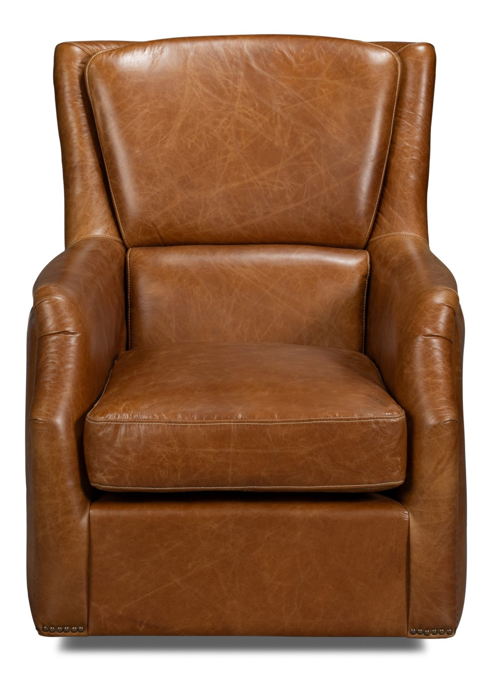 Sarreid Baker Leather Swivel Chair In Cuba Brown – Stylish Comfort With Nailhead Accents And Wood Base Brown  54107