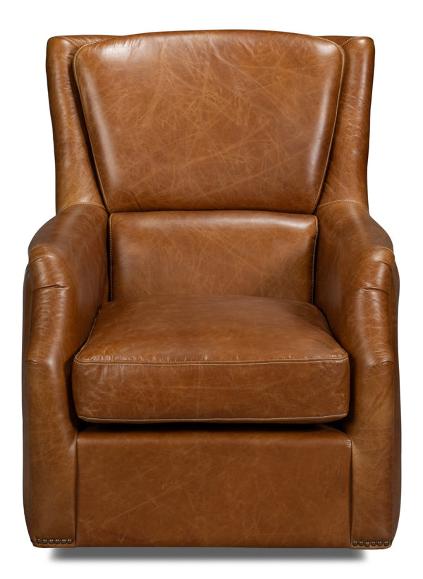 Sarreid Baker Leather Swivel Chair In Cuba Brown – Stylish Comfort With Nailhead Accents And Wood Base Brown  54107