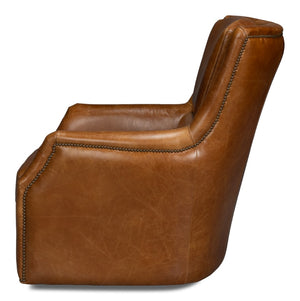 Sarreid Baker Leather Swivel Chair In Cuba Brown – Stylish Comfort With Nailhead Accents And Wood Base Brown  54107