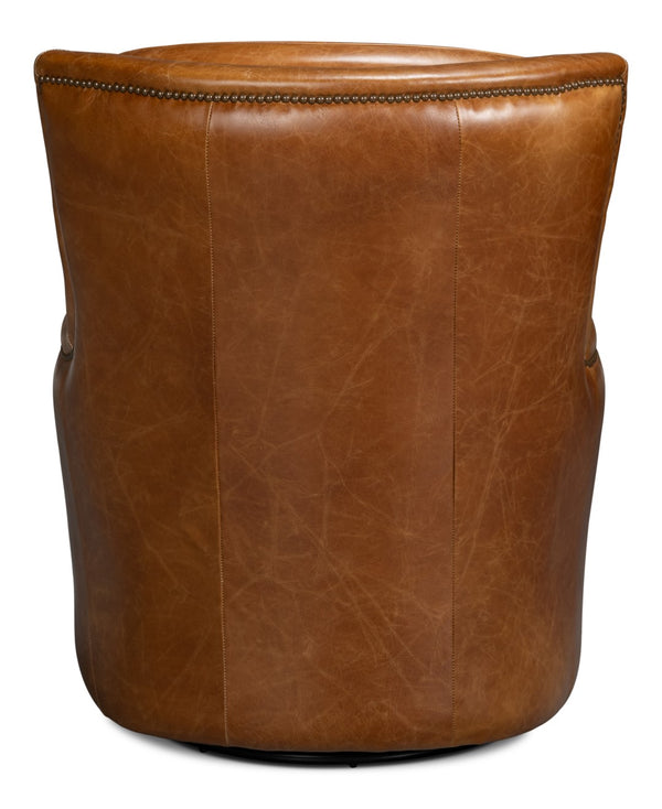 Sarreid Baker Leather Swivel Chair In Cuba Brown – Stylish Comfort With Nailhead Accents And Wood Base Brown  54107