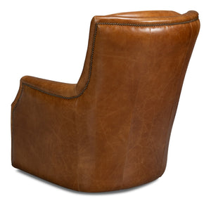 Sarreid Baker Leather Swivel Chair In Cuba Brown – Stylish Comfort With Nailhead Accents And Wood Base Brown  54107