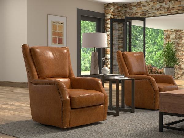 Sarreid Baker Leather Swivel Chair In Cuba Brown – Stylish Comfort With Nailhead Accents And Wood Base Brown  54107