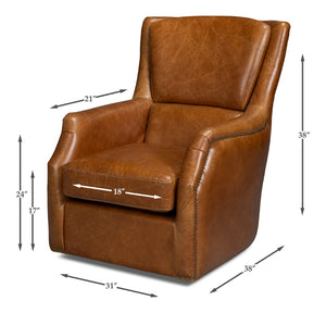 Sarreid Baker Leather Swivel Chair In Cuba Brown – Stylish Comfort With Nailhead Accents And Wood Base Brown  54107