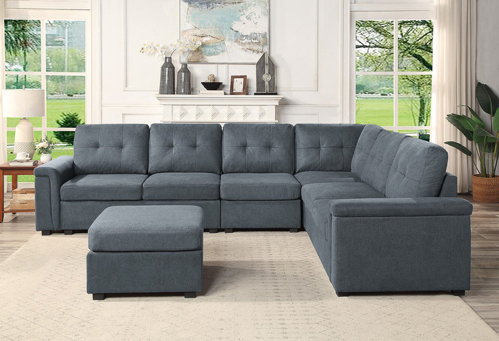 English Elm Isadora Modular 7 Seat Woven Gray Sectional with Tufted Cushions and Ottoman B2749S00056