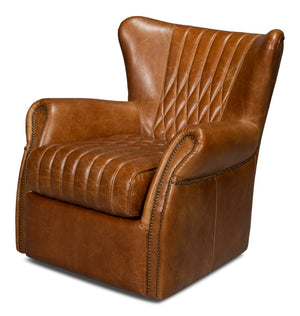 Sarreid Bugatti Leather Swivel Chair In Elegant Cuba Brown - Stylish Wood Frame With Nailhead Detailing Brown  54110