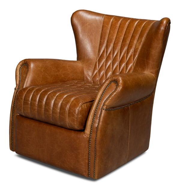 Sarreid Bugatti Leather Swivel Chair In Elegant Cuba Brown - Stylish Wood Frame With Nailhead Detailing Brown  54110