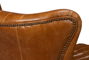 Sarreid Bugatti Leather Swivel Chair In Elegant Cuba Brown - Stylish Wood Frame With Nailhead Detailing Brown  54110