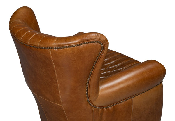 Sarreid Bugatti Leather Swivel Chair In Elegant Cuba Brown - Stylish Wood Frame With Nailhead Detailing Brown  54110