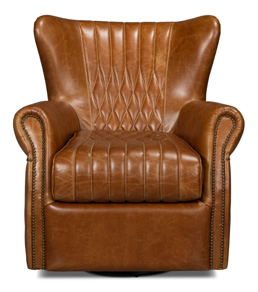 Sarreid Bugatti Leather Swivel Chair In Elegant Cuba Brown - Stylish Wood Frame With Nailhead Detailing Brown  54110