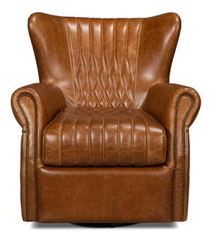 Sarreid Bugatti Leather Swivel Chair In Elegant Cuba Brown - Stylish Wood Frame With Nailhead Detailing Brown  54110