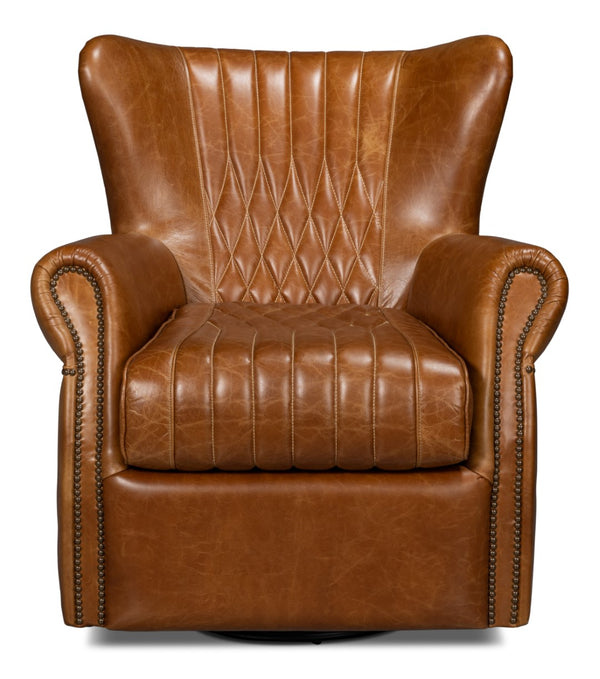 Sarreid Bugatti Leather Swivel Chair In Elegant Cuba Brown - Stylish Wood Frame With Nailhead Detailing Brown  54110