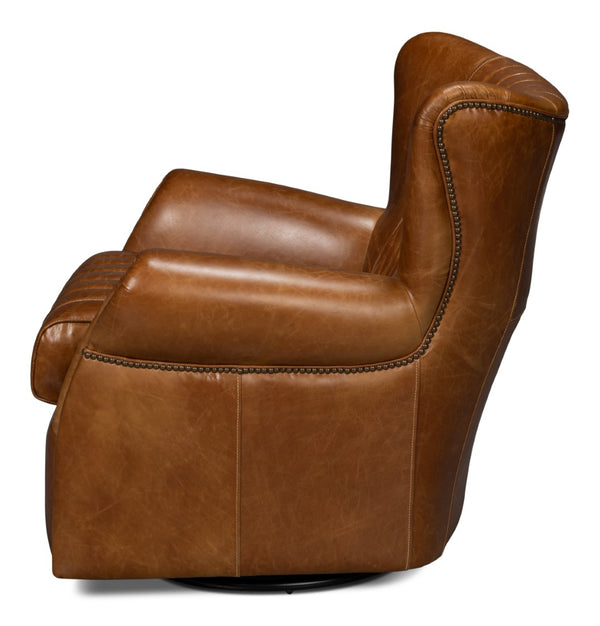 Sarreid Bugatti Leather Swivel Chair In Elegant Cuba Brown - Stylish Wood Frame With Nailhead Detailing Brown  54110