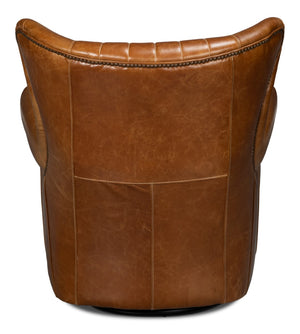 Sarreid Bugatti Leather Swivel Chair In Elegant Cuba Brown - Stylish Wood Frame With Nailhead Detailing Brown  54110