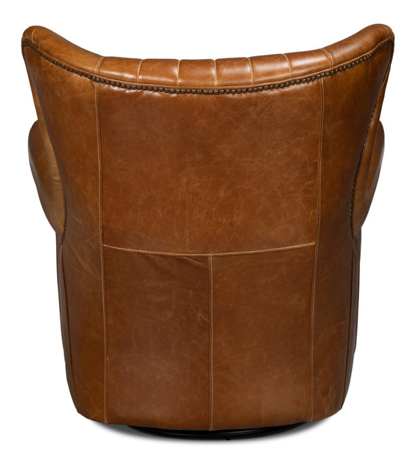 Sarreid Bugatti Leather Swivel Chair In Elegant Cuba Brown - Stylish Wood Frame With Nailhead Detailing Brown  54110
