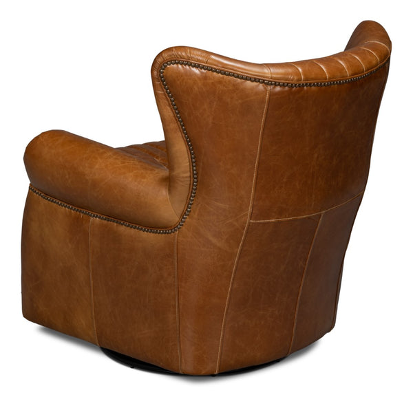 Sarreid Bugatti Leather Swivel Chair In Elegant Cuba Brown - Stylish Wood Frame With Nailhead Detailing Brown  54110