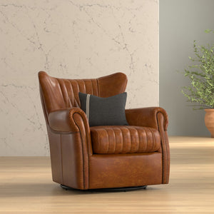 Sarreid Bugatti Leather Swivel Chair In Elegant Cuba Brown - Stylish Wood Frame With Nailhead Detailing Brown  54110